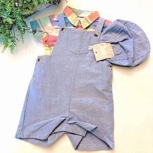 Tommy Bahama Boys’ 2-Piece Set w/Plaid Onesie and Light Blue Shortalls, Size 12M